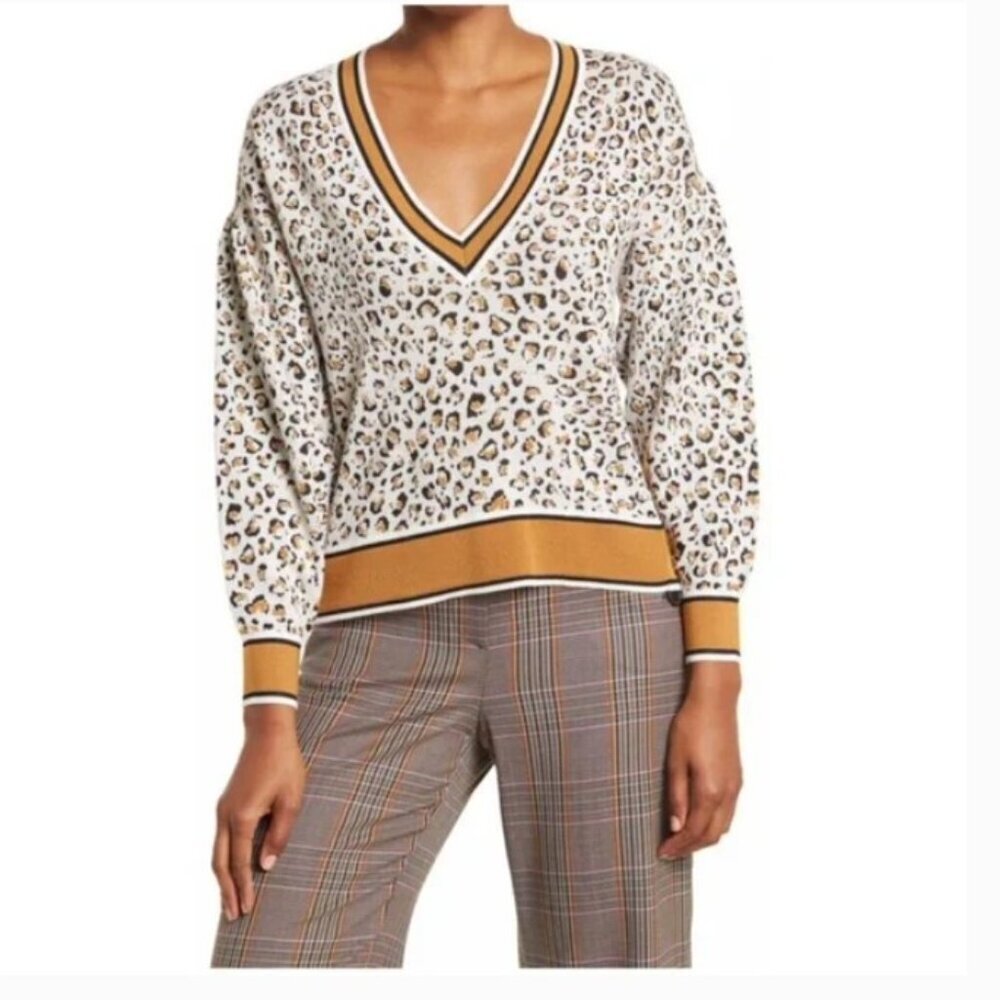 Veronica Beard Ronja Animal Print Varsity Trim V-Neck Sweater - Size M
